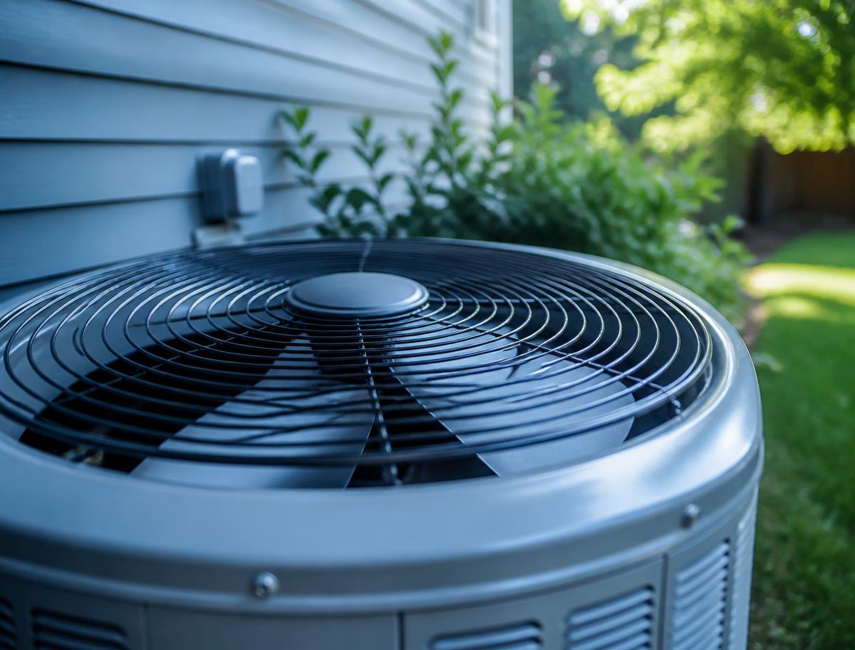 Residential air conditioning condenser beside a home in summer