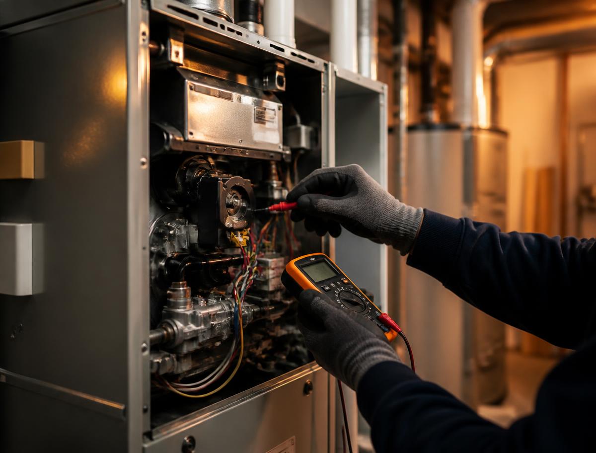 Technician testing components inside a residential gas furnace
